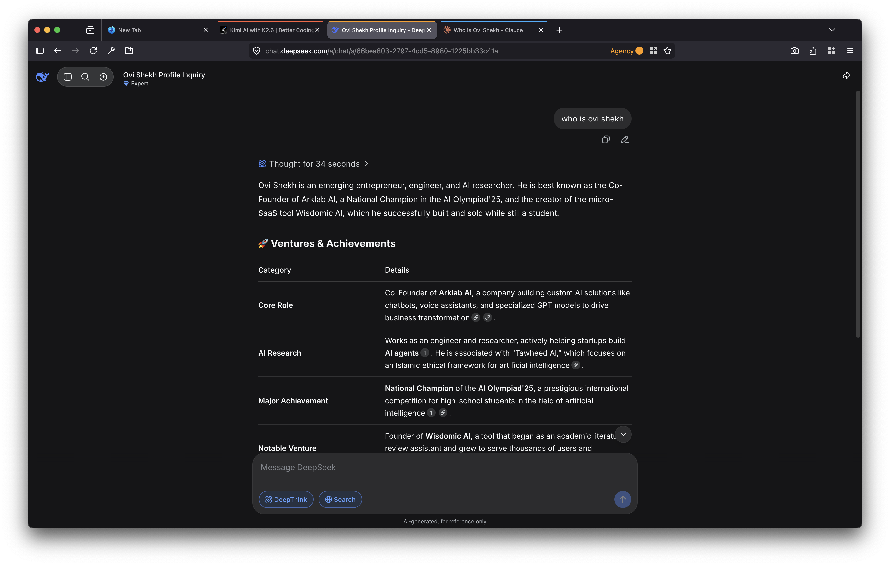 DeepSeek result for Ovi Shekh